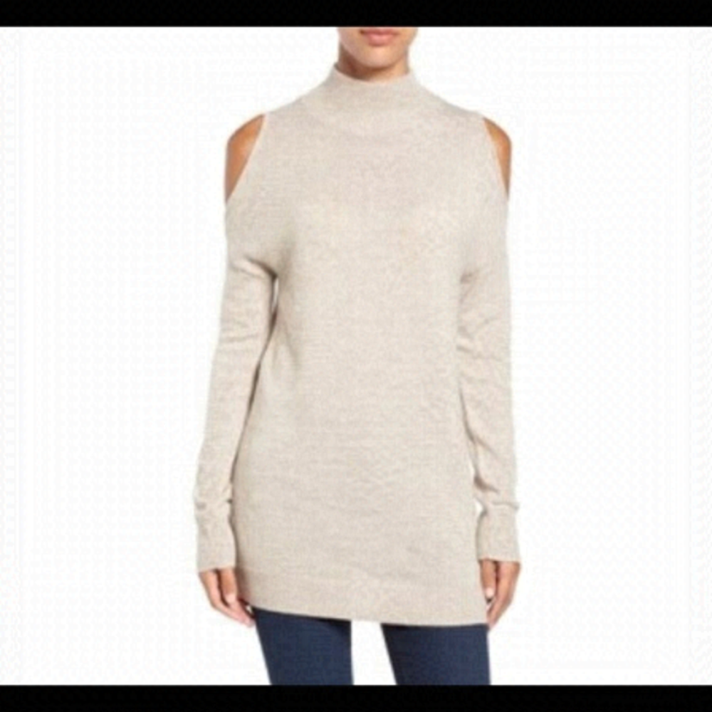 NWT-Halogen Alpaca & Wool Blend Mock Neck Cold Shoulder Cream Sweater